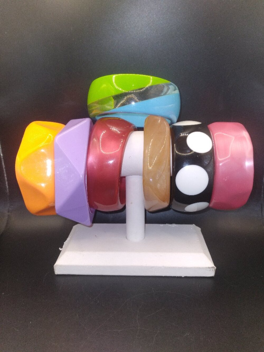 Lot of Vintage Plastic Lucite Bangles Polka Dot Asymmetrical Orange ,Pink ,Red